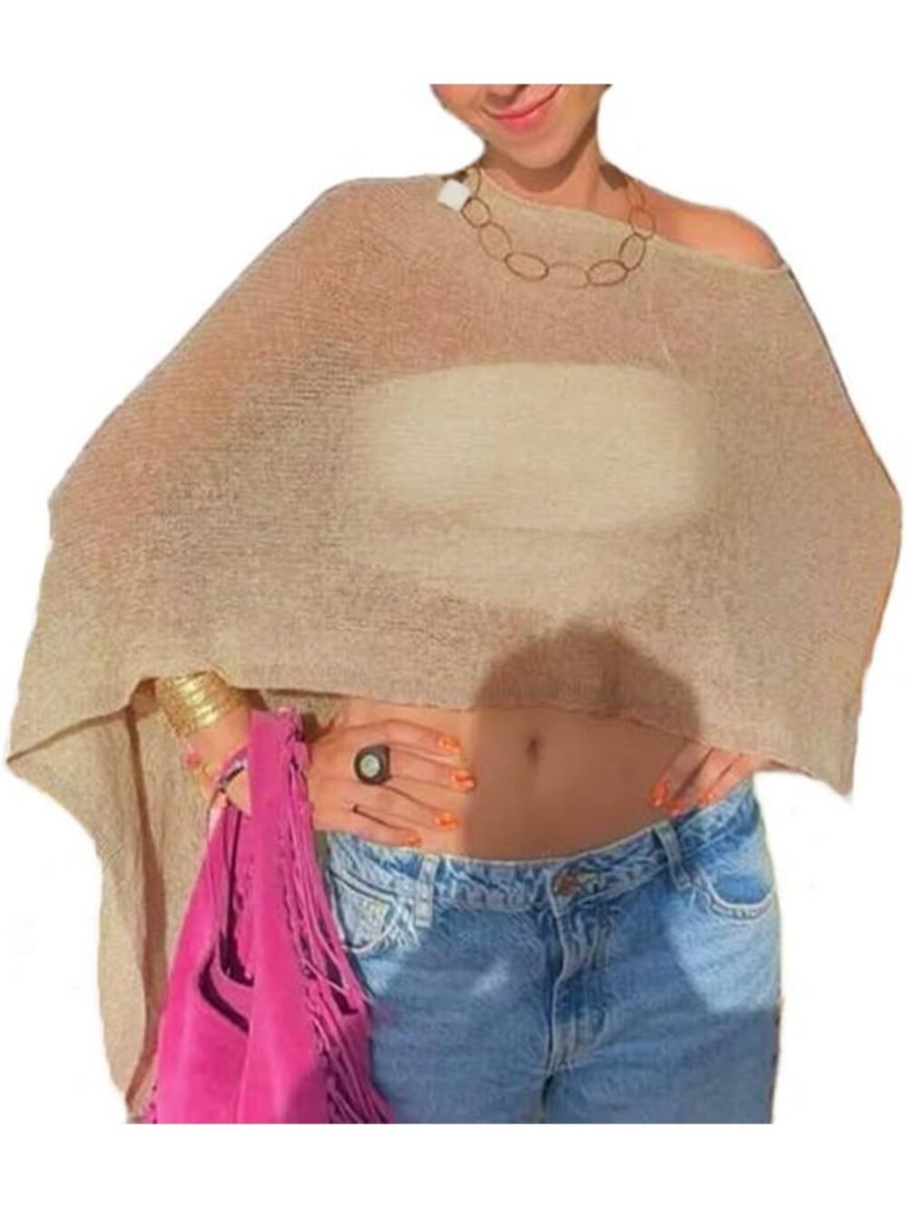 Women's Light Brown Sheer Poncho Top Knit Crochet Lightweight See Through Shawl